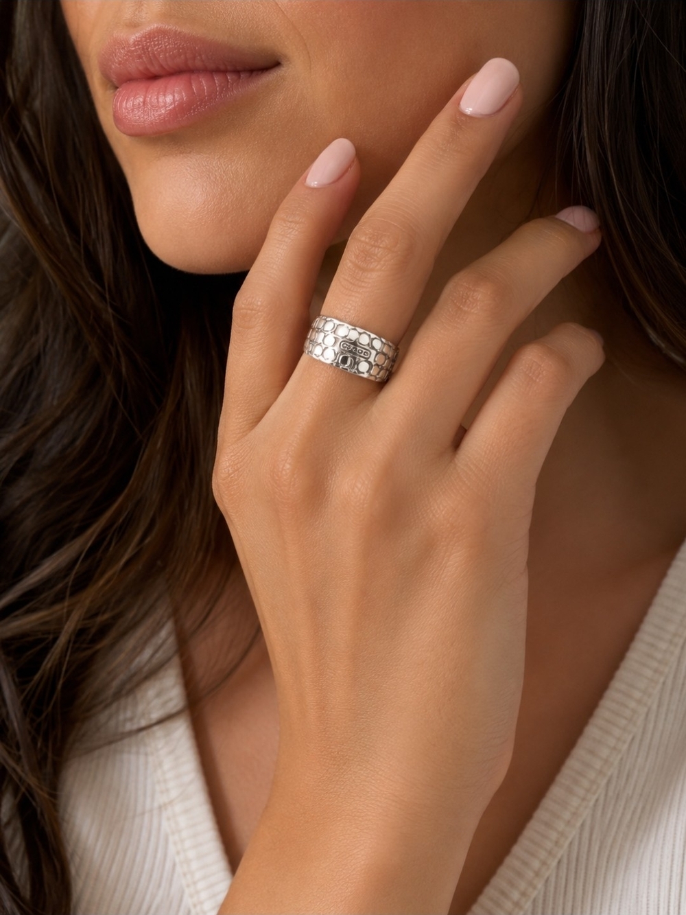 COACH Silver Textured Wide Band Ring - Picture 2 of 3